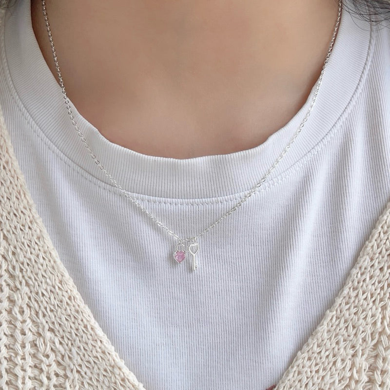 Jaslyn Pink Zirconia Heart & Key Pendant Necklace