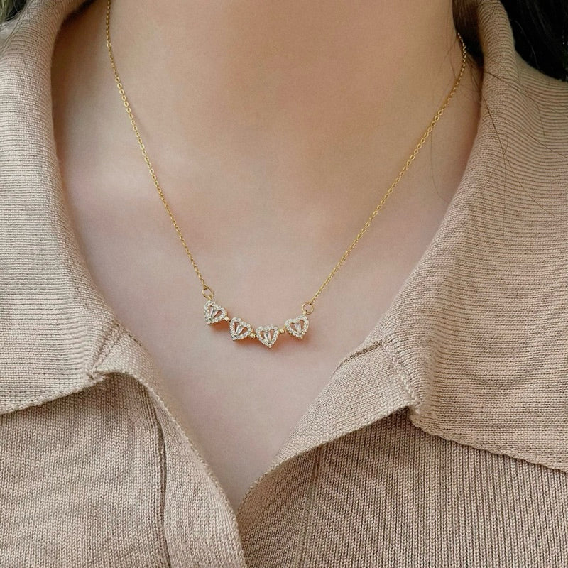 Clover 2 in 1 Hearts Foldable Pendant Necklace with White Cubic Zirconia (Gold / Silver)