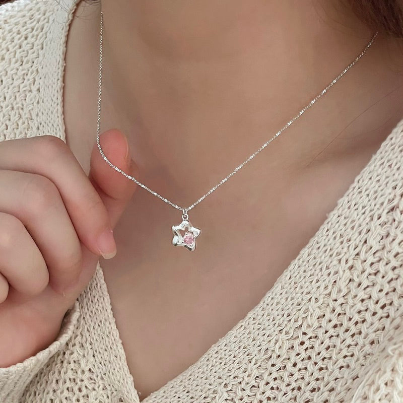 Jeulia Irregular Star Pink Zirconia Stone Pendant Necklace