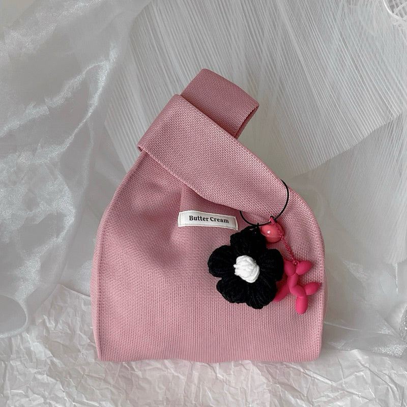 Daffy Handmade Reusable Korean Knitted Tote Handbag with Crochet Flower Keychain