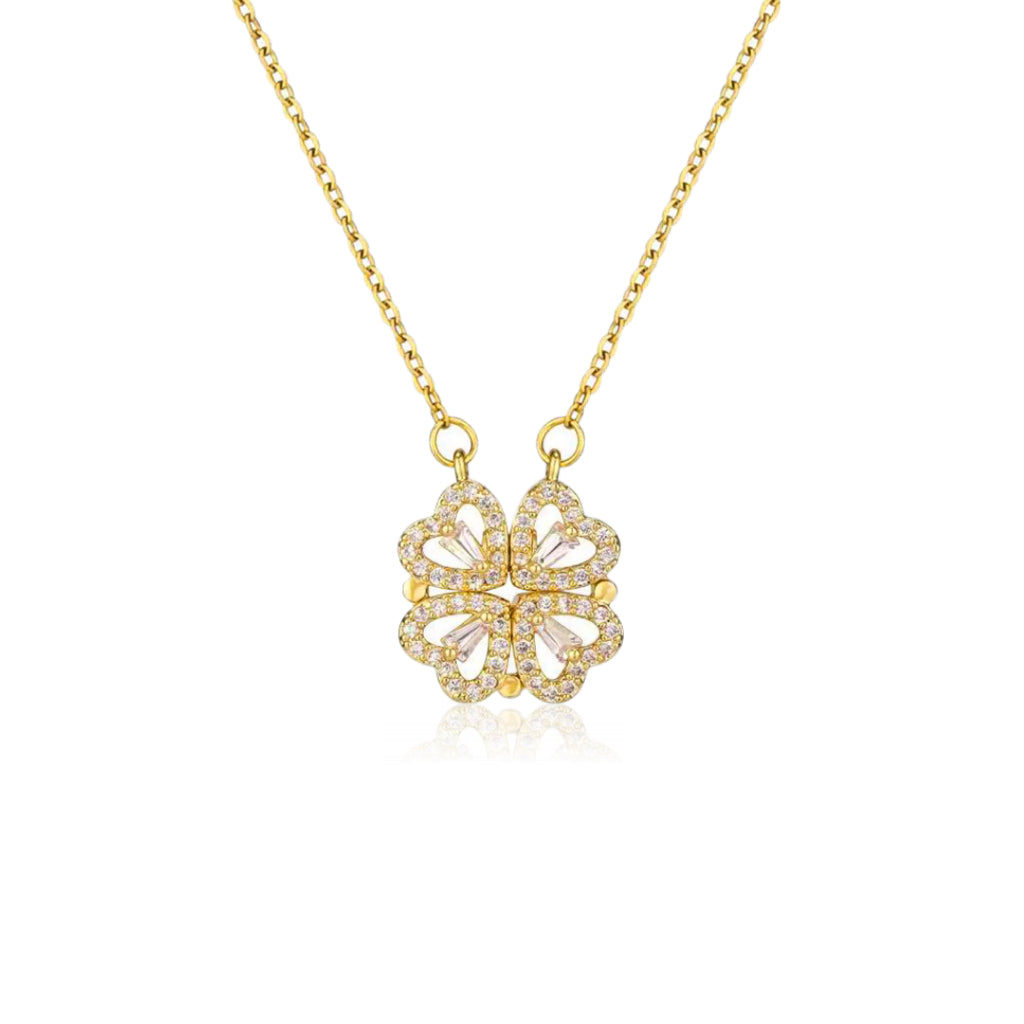 Clover 2 in 1 Hearts Foldable Pendant Necklace with White Cubic Zirconia (Gold / Silver)