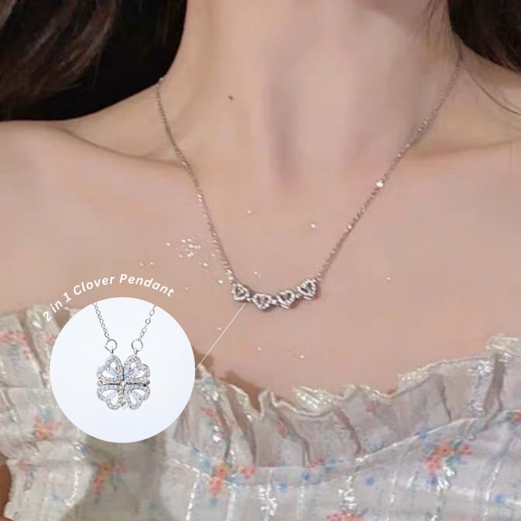 Clover 2 in 1 Hearts Foldable Pendant Necklace with White Cubic Zirconia (Gold / Silver)