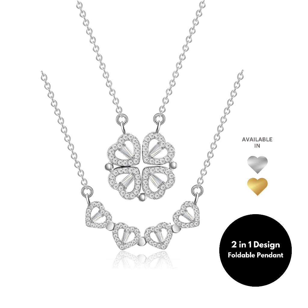 Clover 2 in 1 Hearts Foldable Pendant Necklace with White Cubic Zirconia (Gold / Silver)