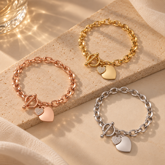 Lisa Engravable Heart Tag Pendant Toggle Clasp Chain Bracelet