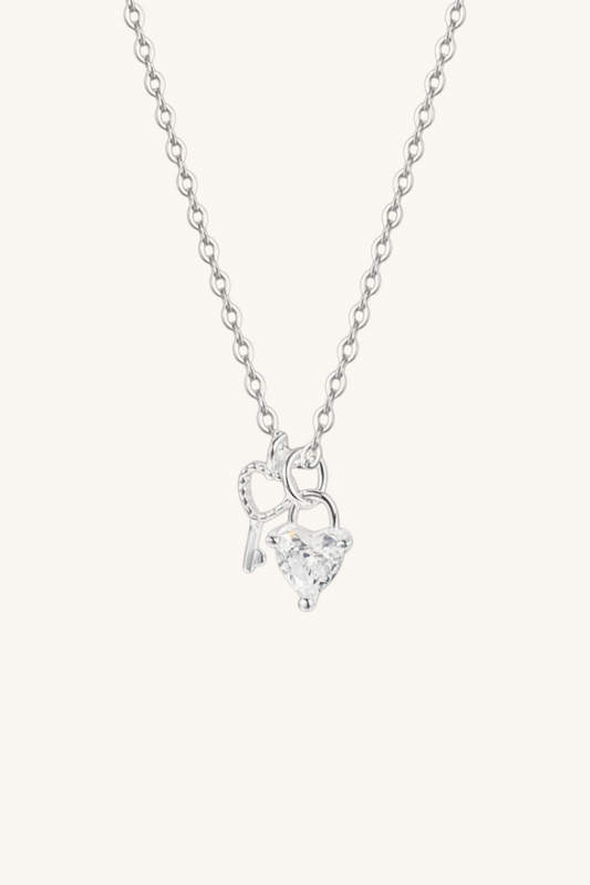 Jamie White Heart Zirconia & Key Pendant Necklace