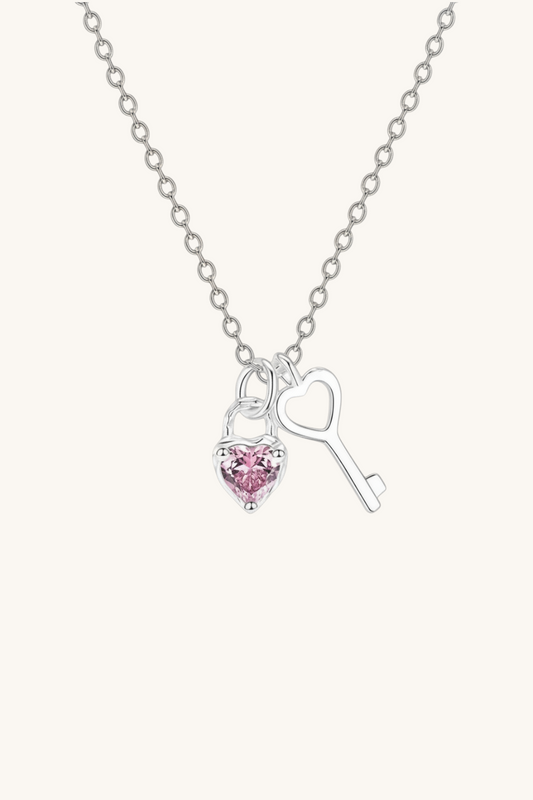 Jaslyn Pink Zirconia Heart & Key Pendant Necklace