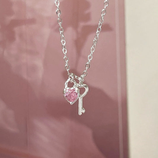 BUTTERCREAM Jaslyn s925 Silver Pink Zirconia Heart & Key Pendant Necklace