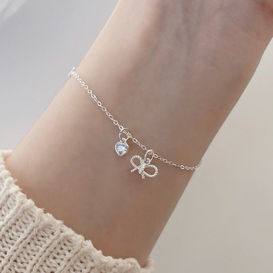 BUTTERCREAM Luna s925 Silver Mini Heart Link Chain Bracelet with Flower / Ribbon Pendant