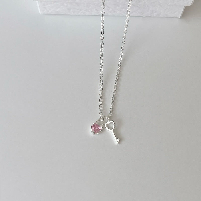 BUTTERCREAM Jaslyn s925 Silver Pink Zirconia Heart & Key Pendant Necklace