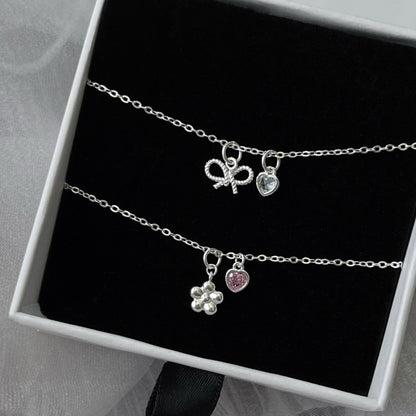 Luna Mini Heart Link Chain Bracelet with Flower / Ribbon Pendant Bracelet