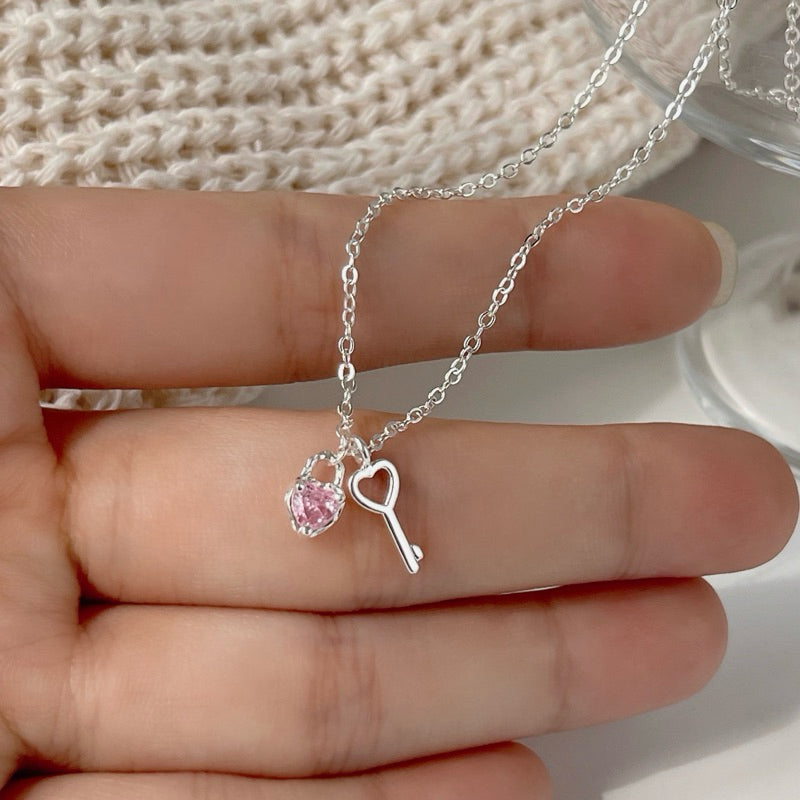 BUTTERCREAM Jaslyn s925 Silver Pink Zirconia Heart & Key Pendant Necklace