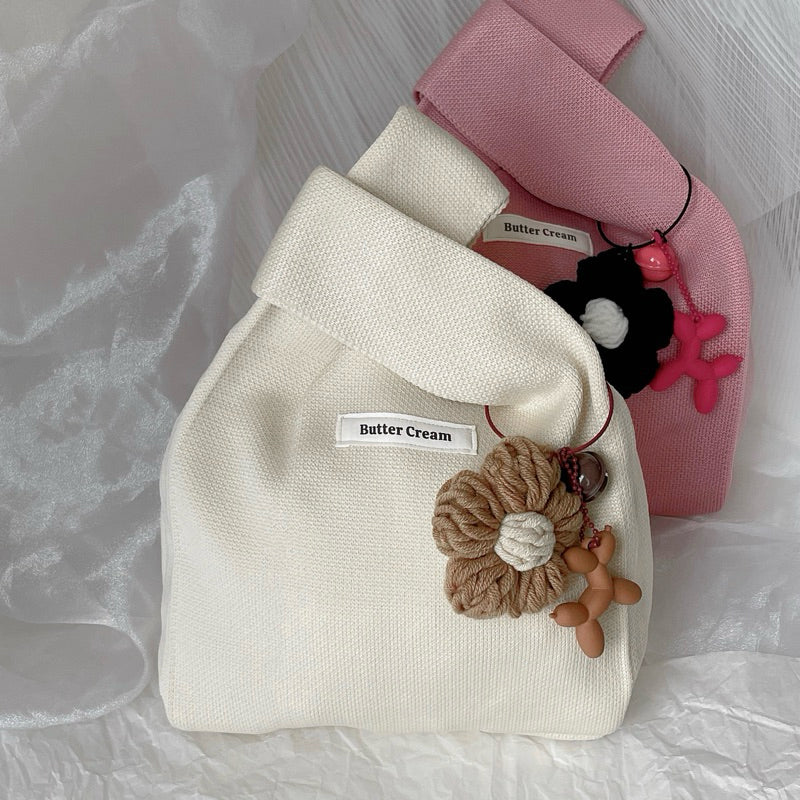 BUTTERCREAM Daffy Handmade Reusable Korean Knitted Tote Handbag with Crochet Flower Keychain