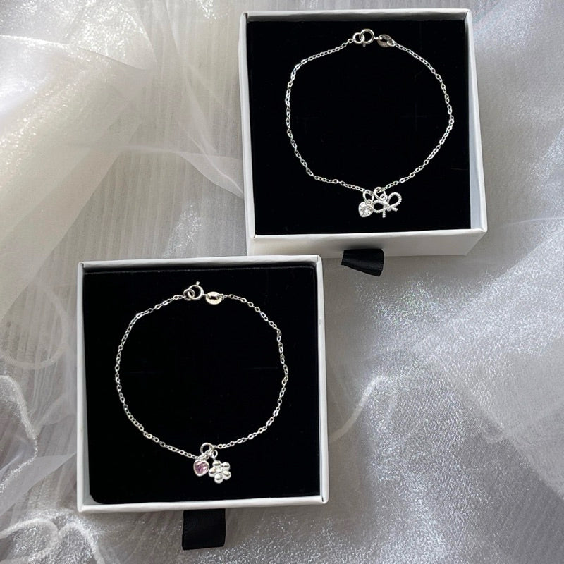 Luna Mini Heart Link Chain Bracelet with Flower / Ribbon Pendant Bracelet